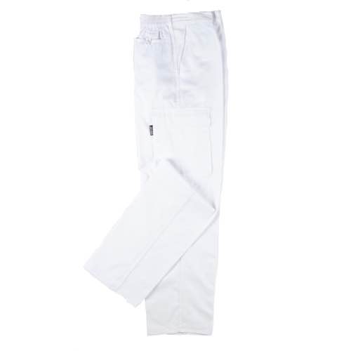 Pantalón largo blanco, cuatro bolsillos cintura elástica con botón y trabillas.